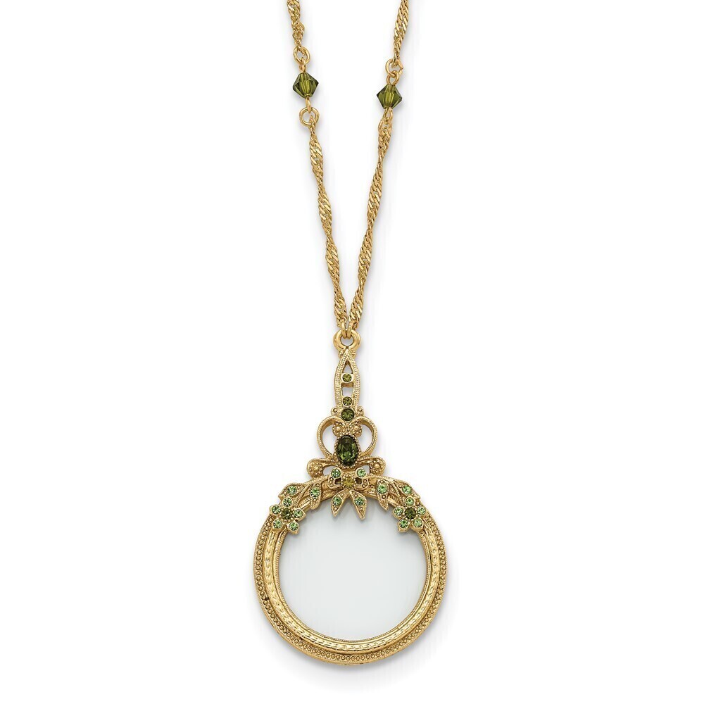 Burnished Brass-tone Green Crystal 2X Magnifying Glass Vintage Necklace